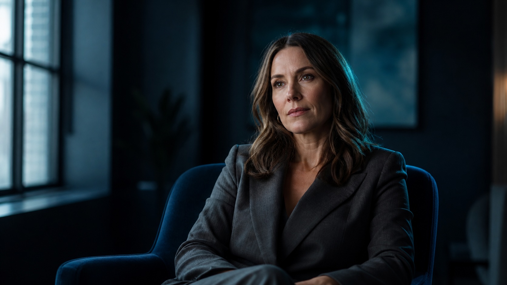 A therapist seated in a dark, cinematic office